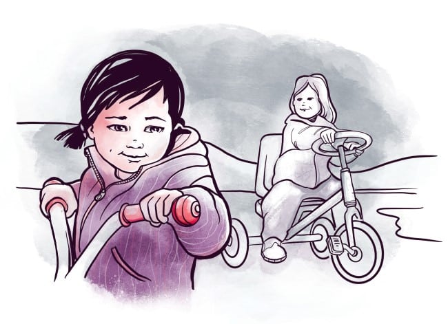 Tegning av to jenter på trehulssykler
