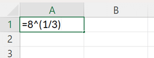 Skjermutklipp av Excel. I A1 står det =8^(1/3).