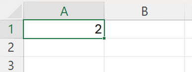 Skjermutklipp av Excel. I A1 står det 2.