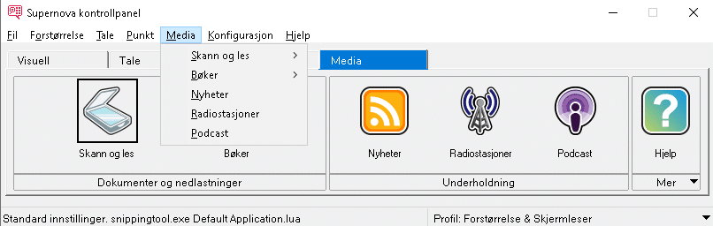SuperNova kontrollpanel som viser fanen Media