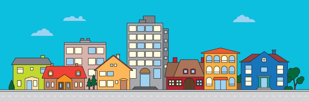 tegning av en gate med hus