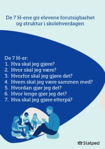 Plakat med:  De 7 H-er:
Hva skal jeg gjøre?
Hvor skal jeg være?
Hvorfor skal jeg gjøre det?
Hvem skal jeg være sammen med?
Hvordan gjør jeg det?
Hvor lenge gjør jeg det?
Hva skal jeg gjøre etterpå?