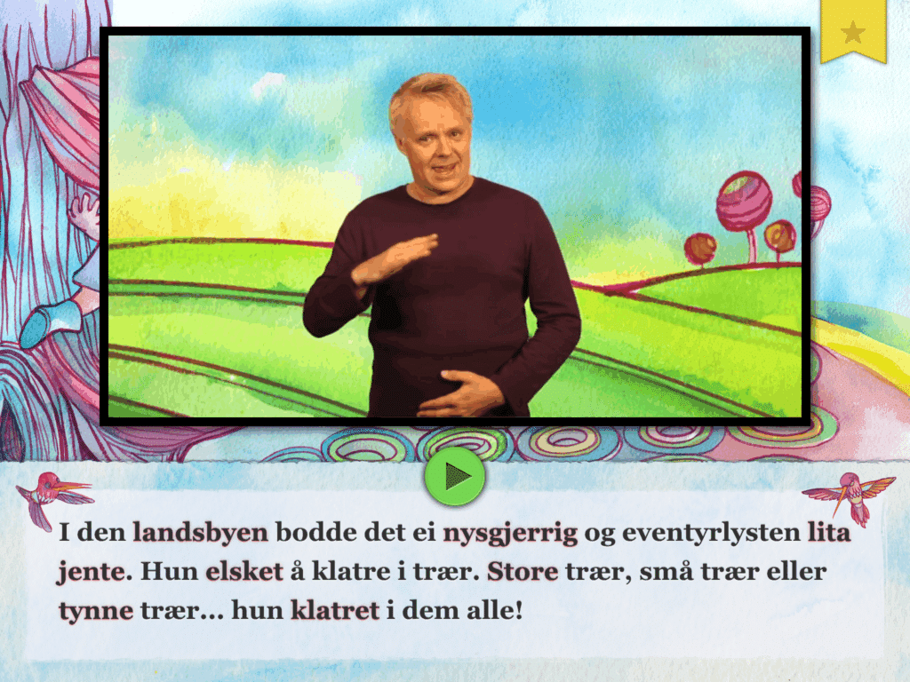 Bilde fra video der en mann forteller en historie med norsk tegnspråk foran en illustrert bakgrunn med norsk tekst nedenfor