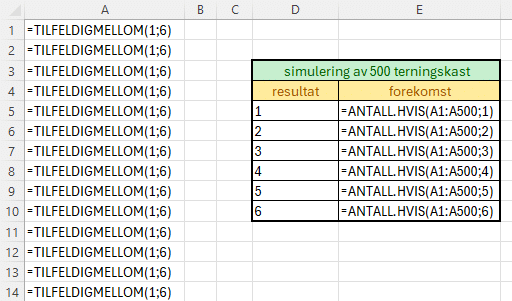 skjembilde av Excel-dokumentet hvor formlene er brukt.